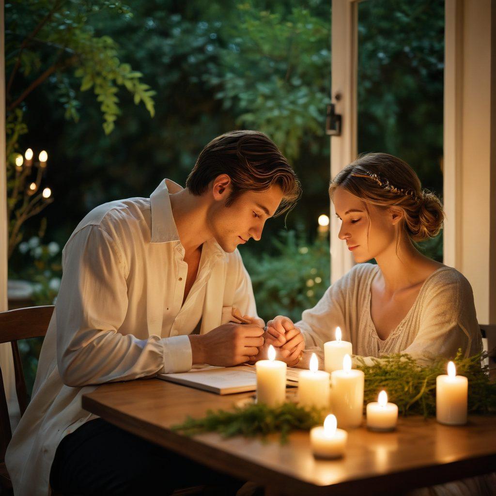 A warm, cozy scene depicting a couple seated together, sharing a heartfelt moment with soft lighting illuminating their faces. Include symbols of intimacy like intertwined hands, a small table with candles, and a background of gentle nature. Capture the emotion of love and closeness through facial expressions and body language. painting. warm tones. soft focus.