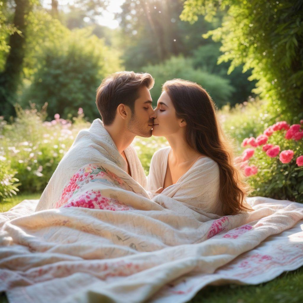 A warm and inviting scene of a couple sharing a tender kiss in a sunlit park, surrounded by blooming flowers and gentle greenery. They are smiling, radiating love and affection, with soft daylight creating a cozy atmosphere. In the background, a comfortable blanket laid out where they can cuddle, hinting at a peaceful day together. The image should evoke emotions of fondness and intimacy. soft colors, romantic vibe, natural setting.