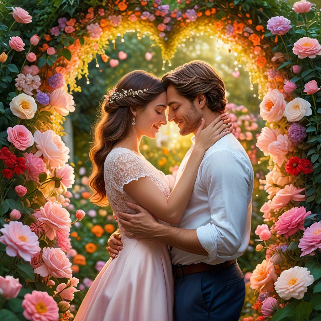 A cozy scene of a couple sharing a warm embrace, surrounded by vibrant flowers symbolizing love and passion. Soft, glowing lights illuminate their joyful expressions, while heart-shaped elements float around them, adding a whimsical touch. The background blends romantic pastel colors, evoking feelings of tenderness and devotion. Include delicate details like intertwined hands and subtle heart motifs. super-realistic. vibrant colors. warm atmosphere.
